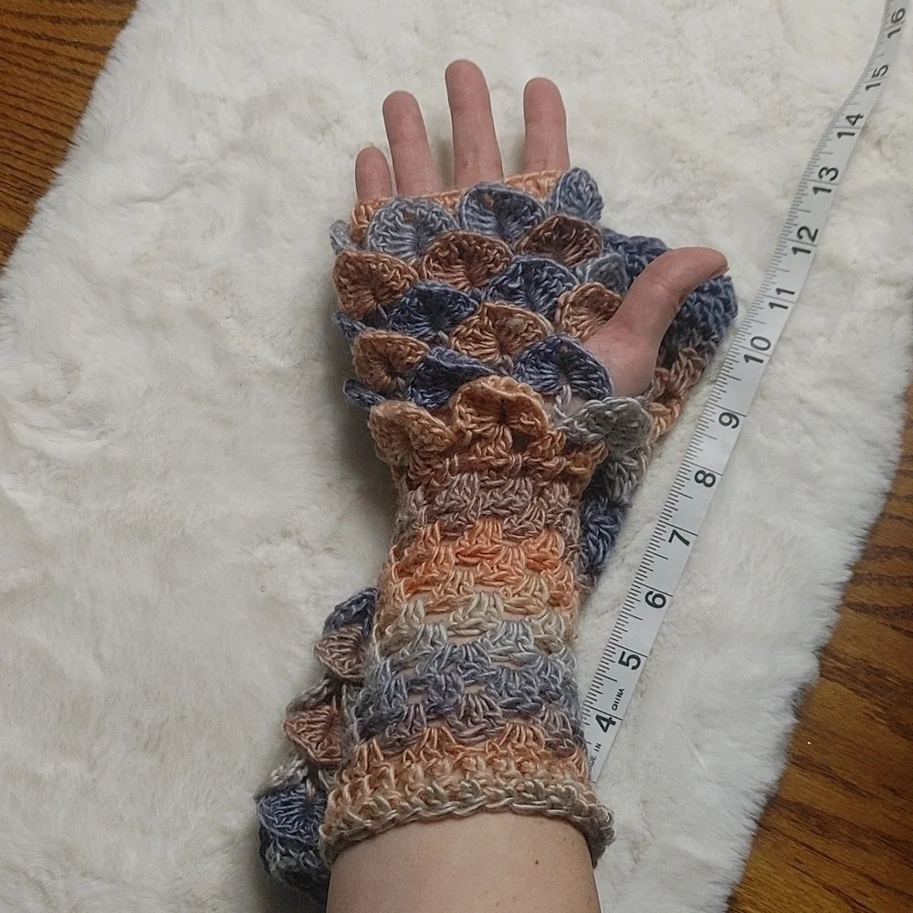 Handmade Dragonscale Fingerless Texting Gloves Armwarmers Wool Denim & Sand